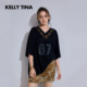 设计感蕾丝拼接宽松短袖 KELLY TINA黑色蕾丝V领T恤女2025新款 上衣