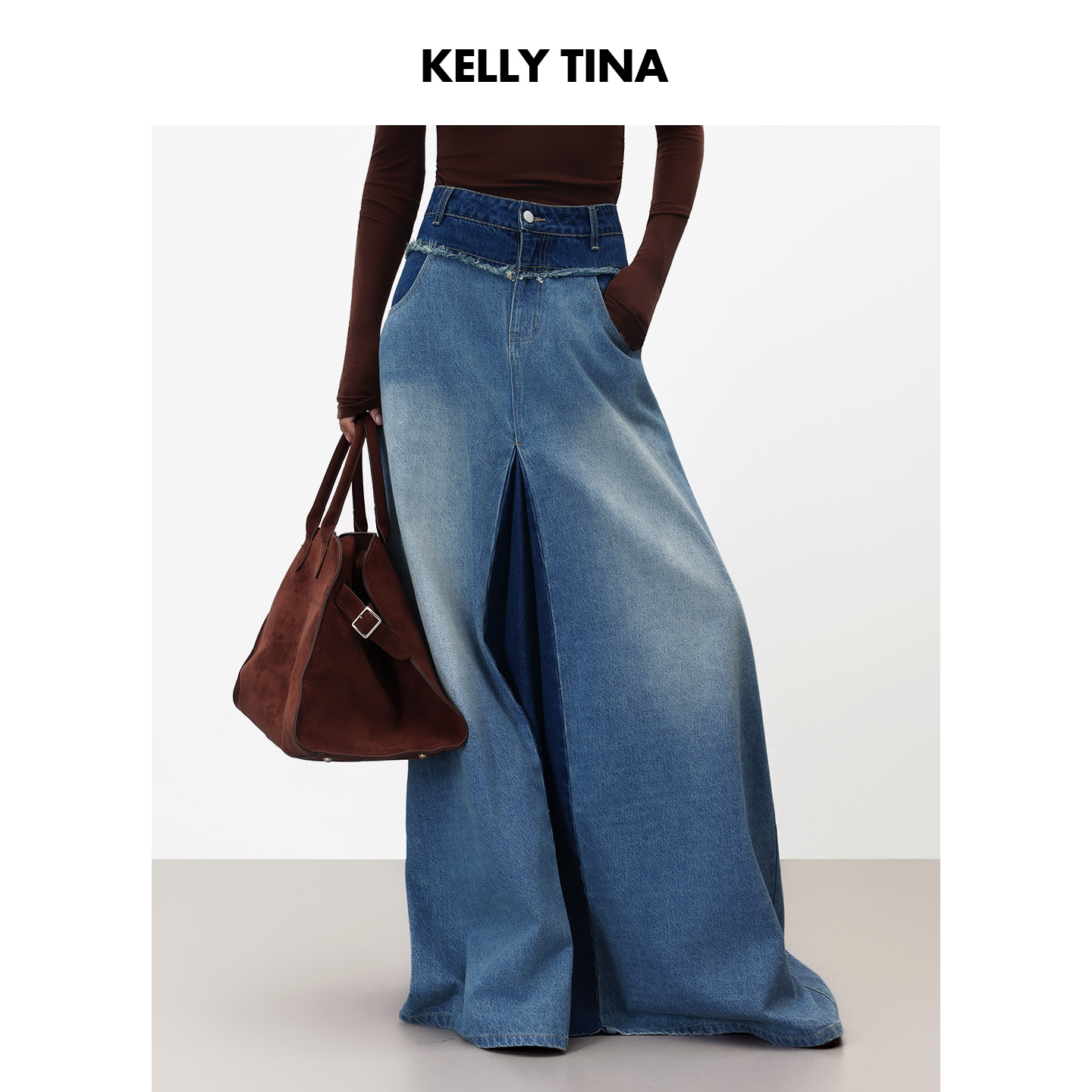 KELLY TINA 撞色腰头牛仔裙女水洗做旧高级感宽松休闲长裙半身裙