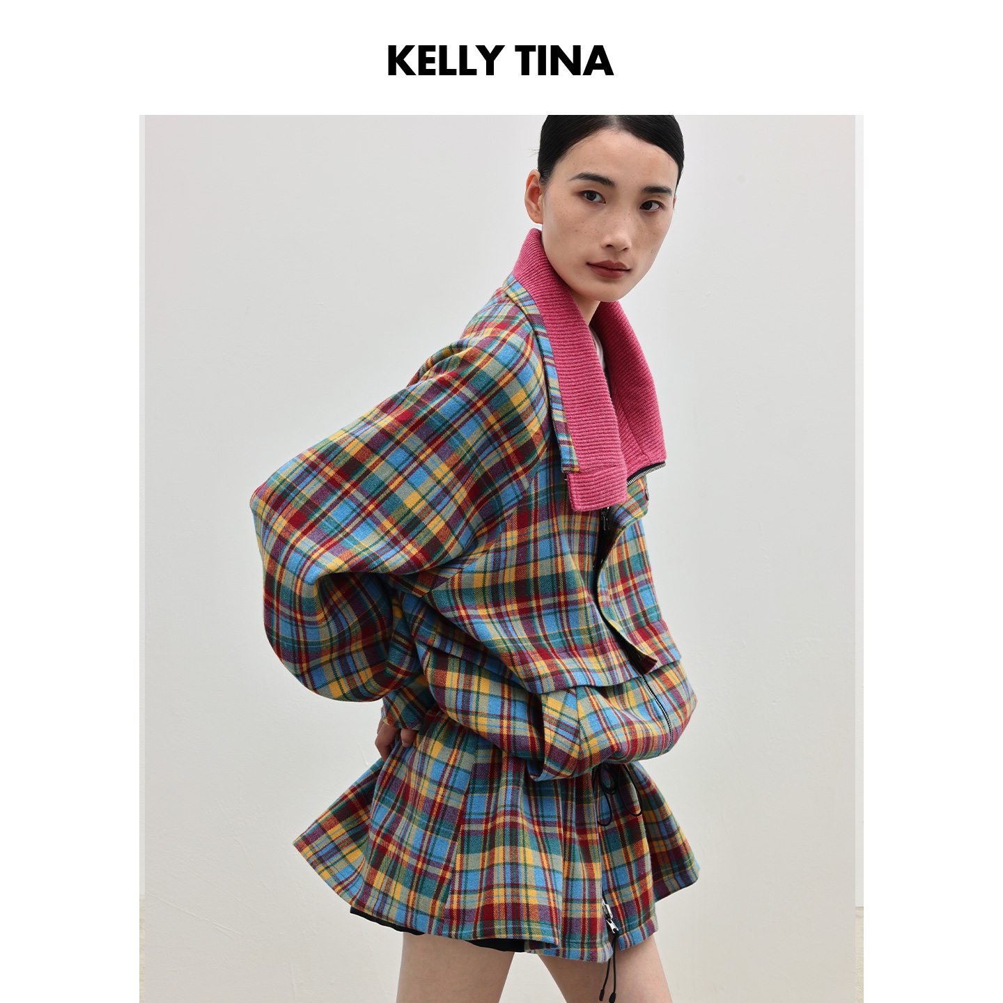 赵昭仪同款 KELLY TINA 复古撞色格子外套女2025秋季拼接呢子外套