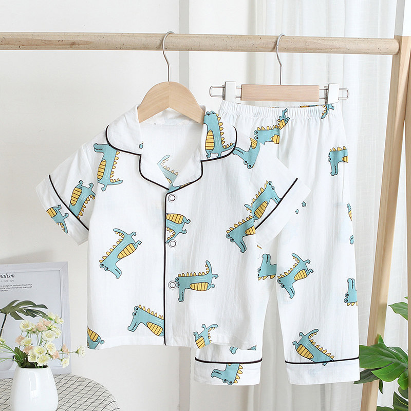 男童睡衣短袖长裤夏季薄款纯棉男孩宝宝空调服全棉夏款儿童家居服