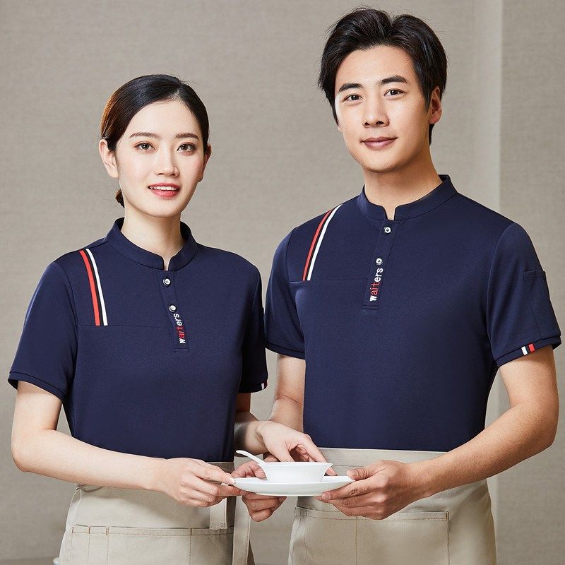 饭店餐饮前厅服务员工作服长袖火锅西餐奶茶咖啡蛋糕红色t恤定制