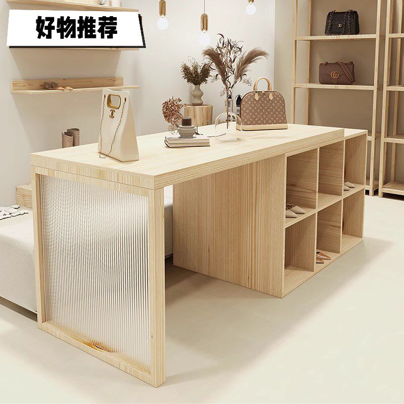 服装店实木桌子中间摆放轻复古中岛展示台网红女装店亚克力流水台