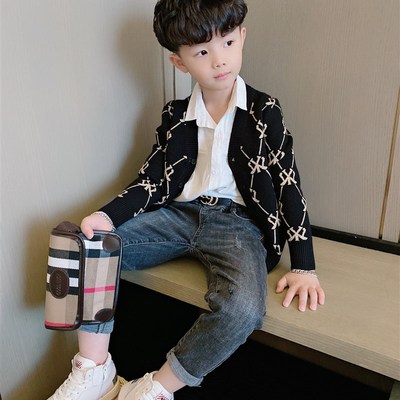 童装秋冬新款男童假两件针织衫开衫儿童中大童毛衣男宝宝翻领外套