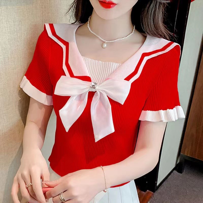 蝴蝶结短袖针织衫女2024夏季新款娃娃领拼接小清新修身上衣t恤潮