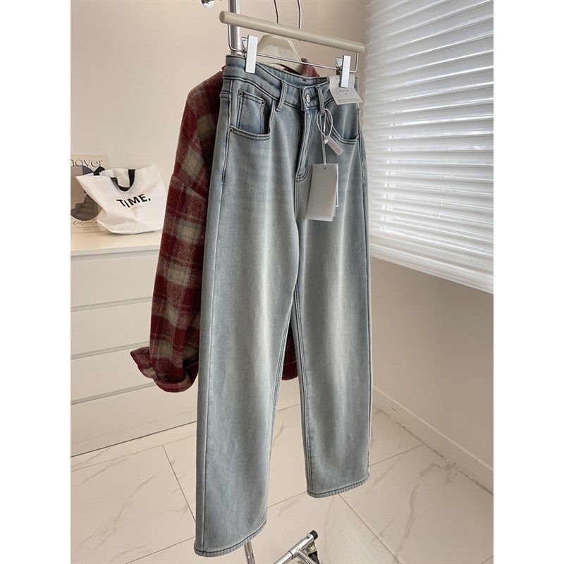 一条过冬~小个子浅蓝色加绒直筒牛仔裤女!24冬季窄版阔腿休闲长裤