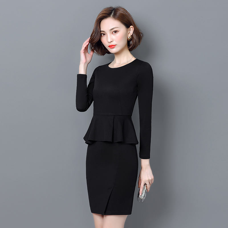 春秋新款长袖ol职业装连衣裙女包臀假两件套修身显瘦美容院工作服