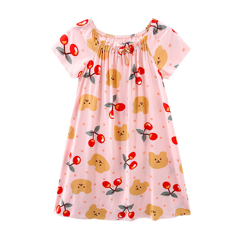 女童睡裙绵绸夏季棉绸短袖儿童薄款吊带宝宝小孩睡衣樱桃熊家居服