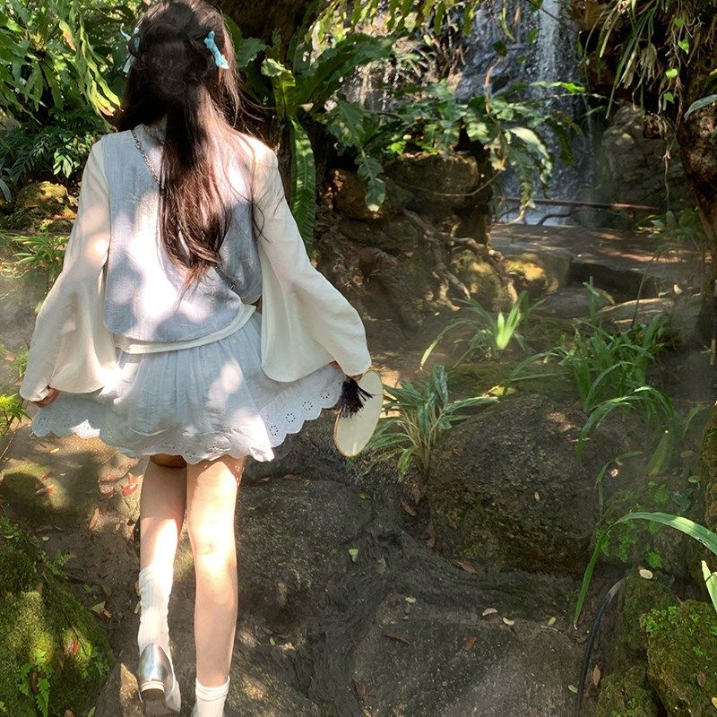 渔小平 蓝色白月光 新中式国风套装女2024春季新款马甲半裙两件套