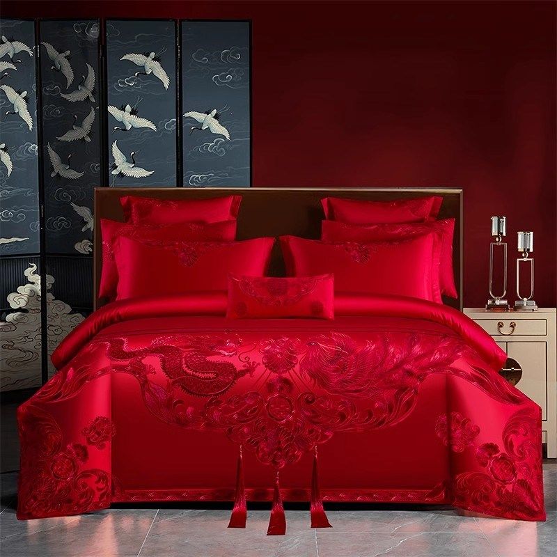 婚礼四件套婚被婚嫁红色床单重工艺床上用品被罩婚庆刺绣中式