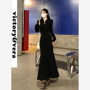 VICTORY&VERA 盘扣黑色连衣裙女春秋内搭优雅气质鱼尾裙 新中式