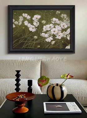 侘寂风客厅玄白色卉级感手绘油画法式卧室中古饰挂画