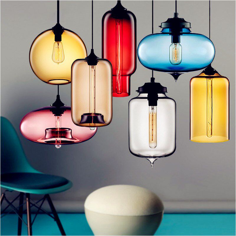 复古工业风店铺创意单头吧台咖啡厅茶蓝红色玻璃装饰吊灯