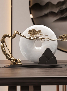 新玉石平安扣黄铜迎客松客厅玄关电视柜书房装饰