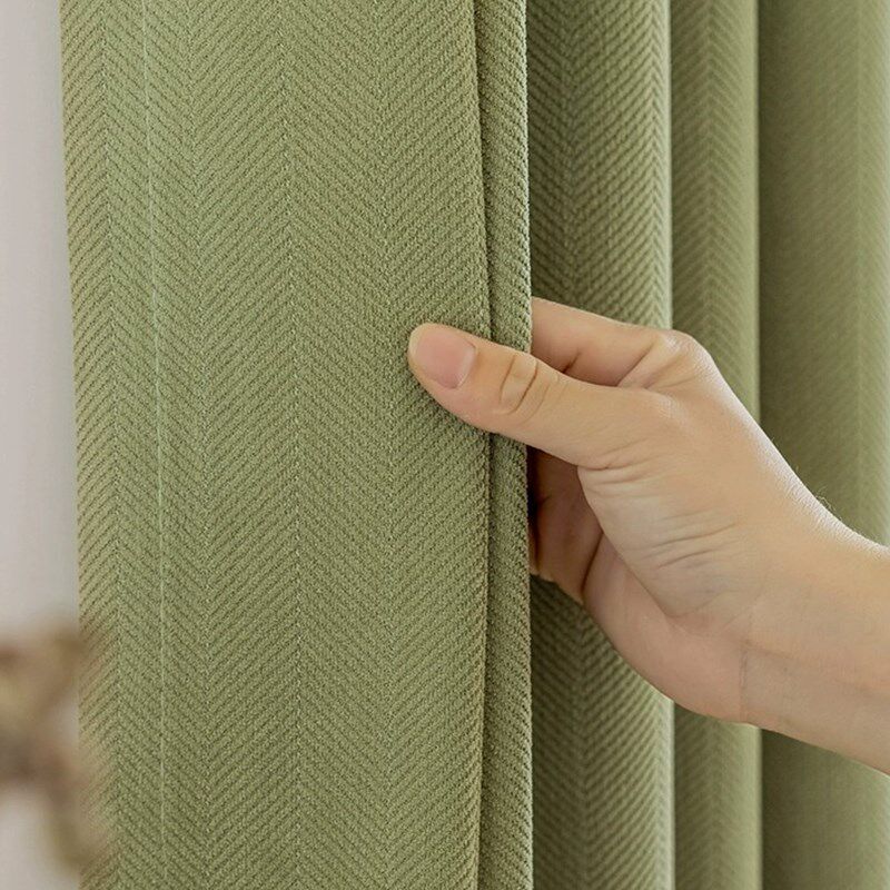 抹茶绿奶油风人字纹雪尼尔窗帘布料 加厚遮光法式 森系客厅奶茶色