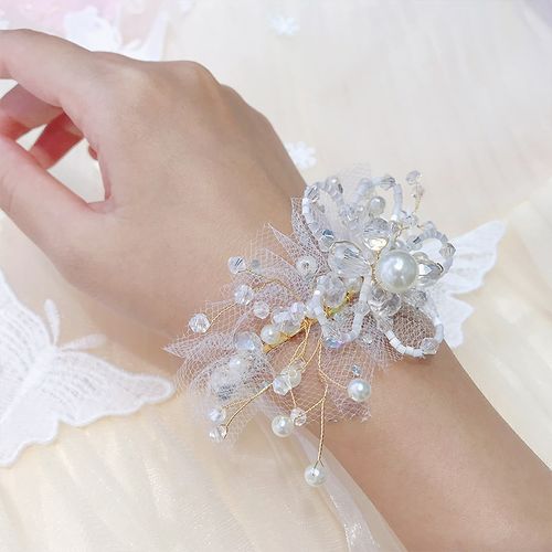 仙美高档水晶手腕韩式新娘结婚礼服珍珠手绑伴娘手环白色纱