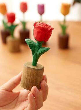 手工木雕玫瑰花郁金香实木装饰摆饰生日礼物永生花情人节礼品实木