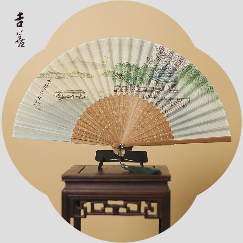 吉善扇子真丝女式折扇手绘女扇出国礼品扇杭州丝绸扇绢扇竹扇