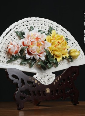 东方泥土手工捏扇子客厅玄关办公室桌面酒店样板间软装