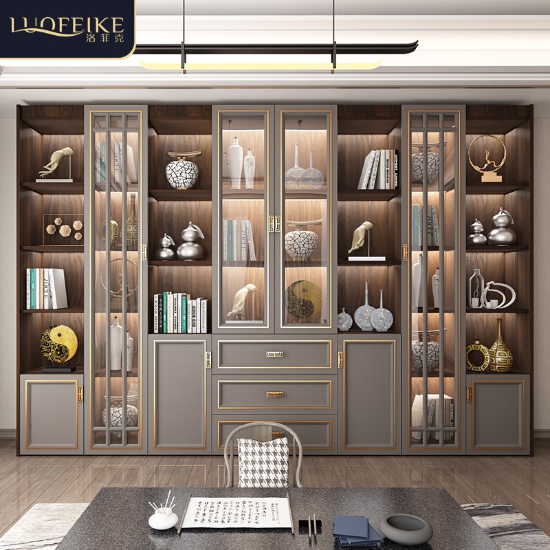 新中式实木书柜轻奢带玻璃门一体整墙书架书房办公室落地防尘书橱