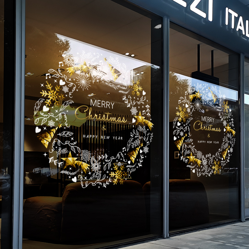 耶诞节装饰品窗贴店铺橱窗耶诞花环静电贴元旦氛围布置玻璃门贴纸