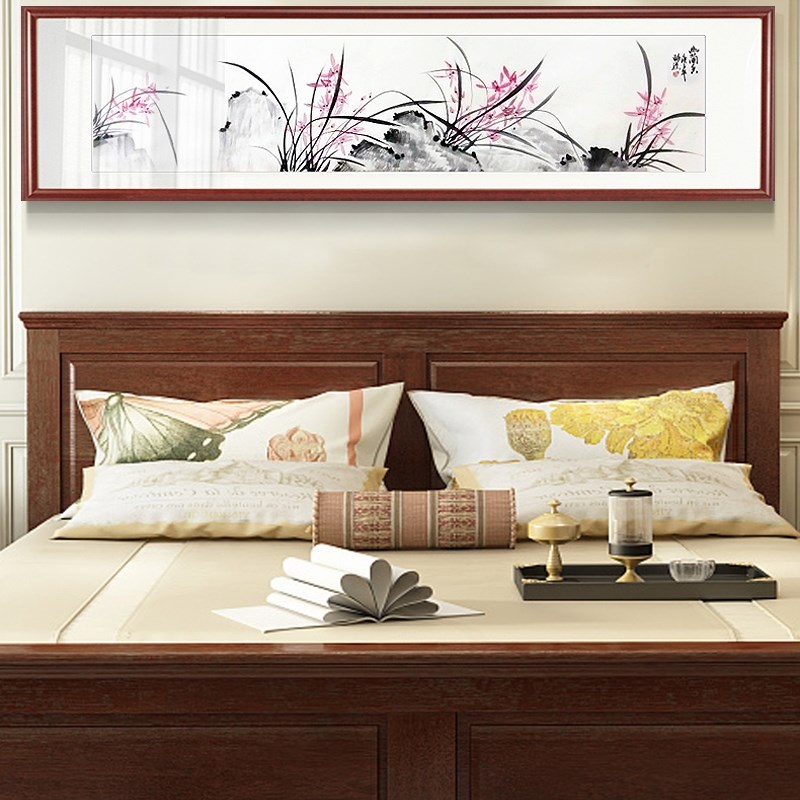 手绘中国画卧室床头客厅茶社酒店书房镜框装裱横幅对开兰花兰石图