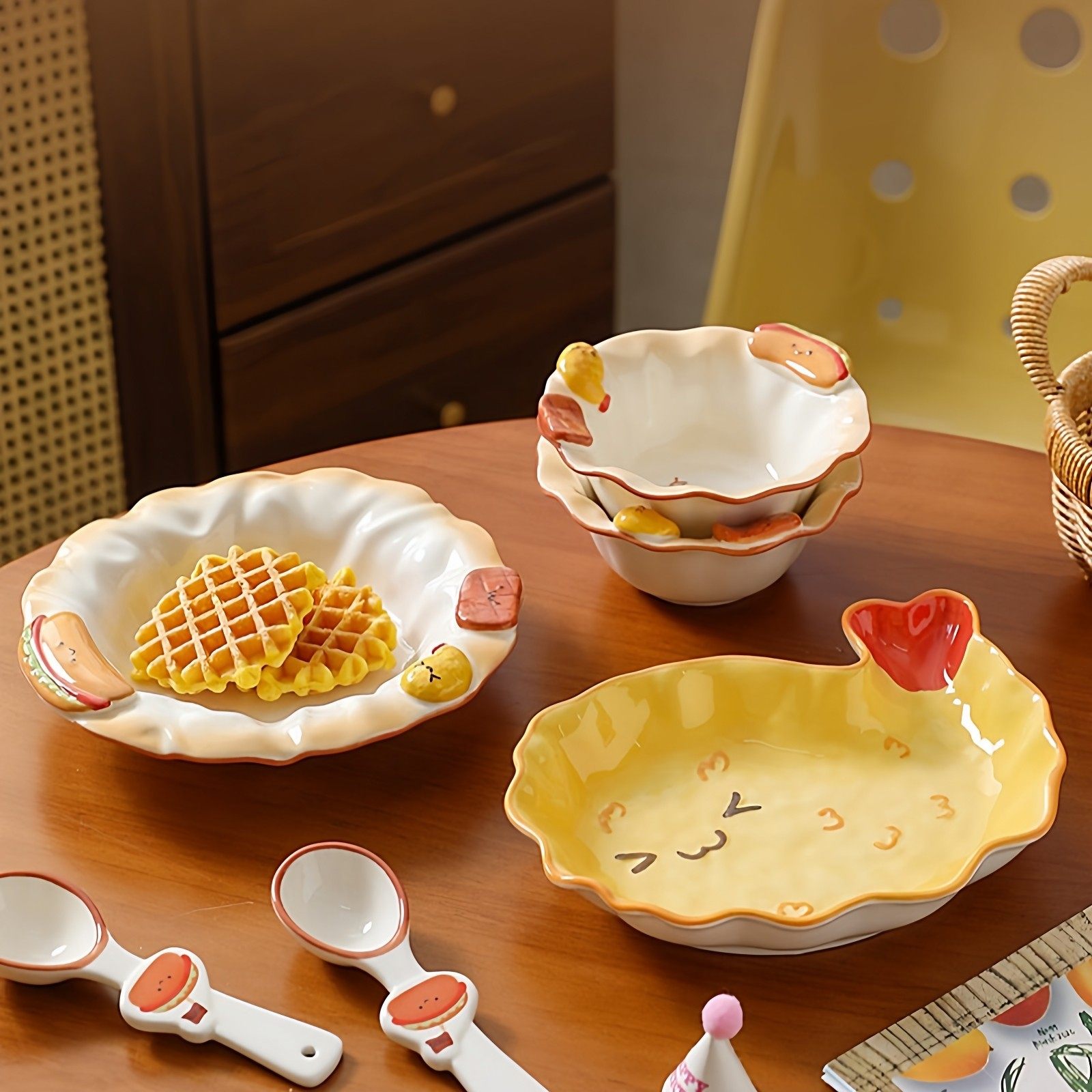 可爱陶瓷米饭碗家用一人食餐盘卡通碗盘碟餐具套装面碗沙拉碗深盘,餐饮具,盘,淘宝优惠券,粉丝福利购,淘宝优惠卷