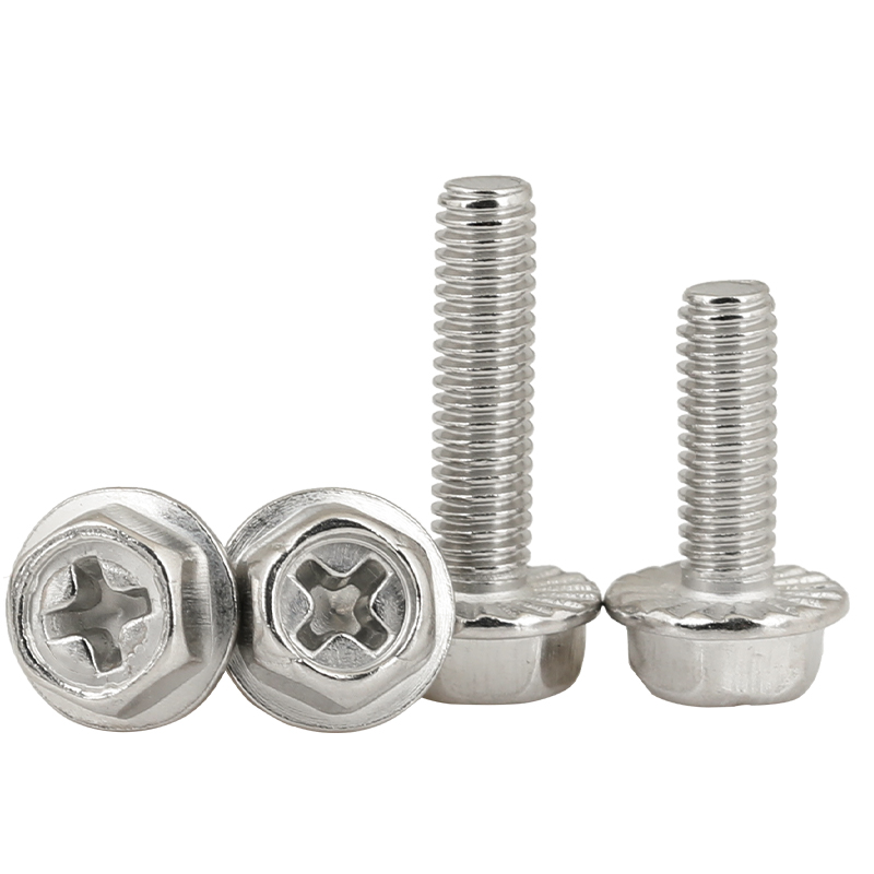 304不锈钢十字法兰面螺丝外六角螺栓防滑带垫花齿纹螺钉MM4M5M6M8