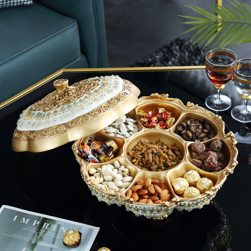 欧式分格带盖干果盘家用客厅茶几高档瓜子盘糖果盒零食盘奢华摆件