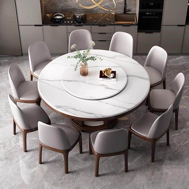 实木高端岩板餐桌椅组合现代简约小户型圆形家用圆桌带转盘饭桌子