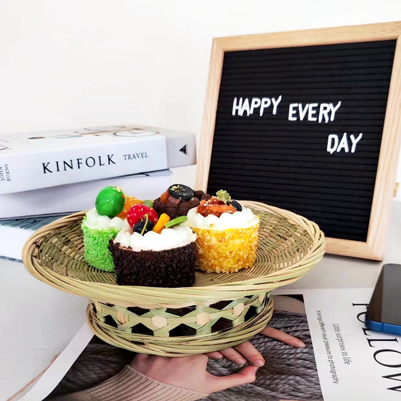 竹编果盘带底座手工编织竹篮点心篮竹制品馒头筐圆形有脚水果篮