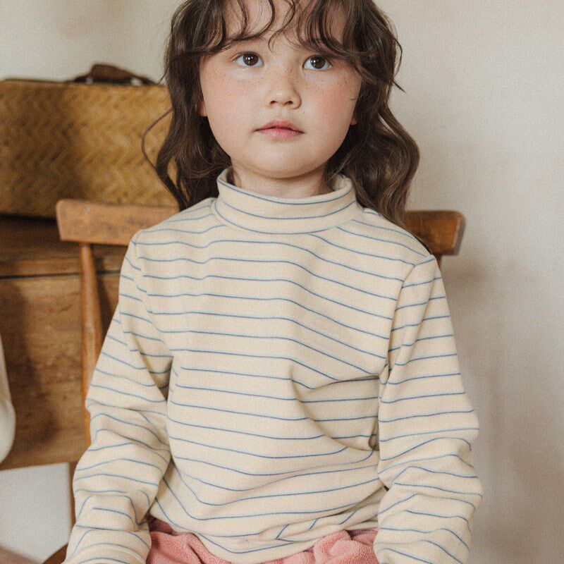 儿童半高领打底衫秋冬季女童条纹德绒保暖内衣宝宝秋衣男童T恤a类