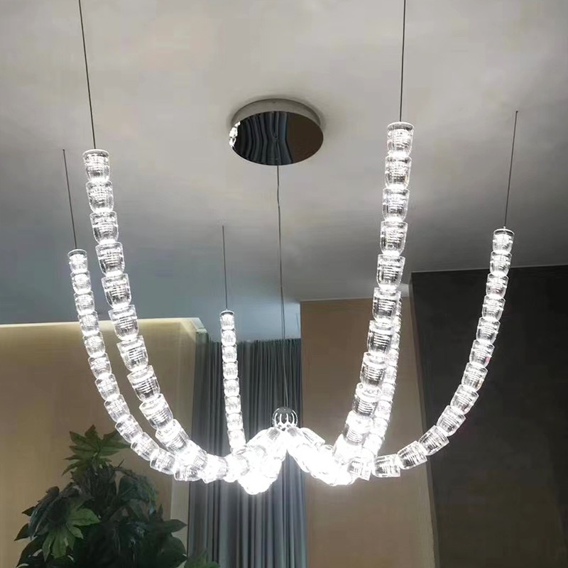 LED水晶吊灯项链发光绳子灯楼梯灯长吊灯轻奢链条灯臂发光水晶灯U