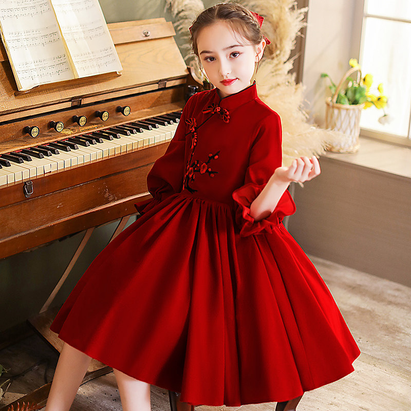 儿童生日公主裙红色花童小女孩主持人晚礼服女童中国风演出服冬季