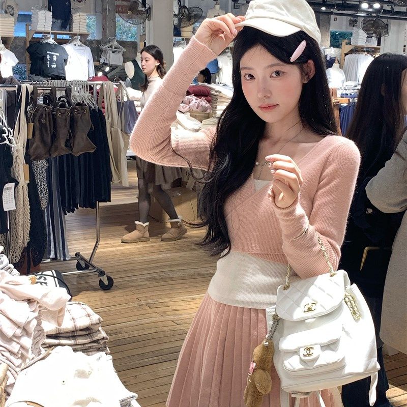 DeeFuu沛沛 蜜桃奶杏芭蕾 甜美气质绑带针织套装女设计感三件套