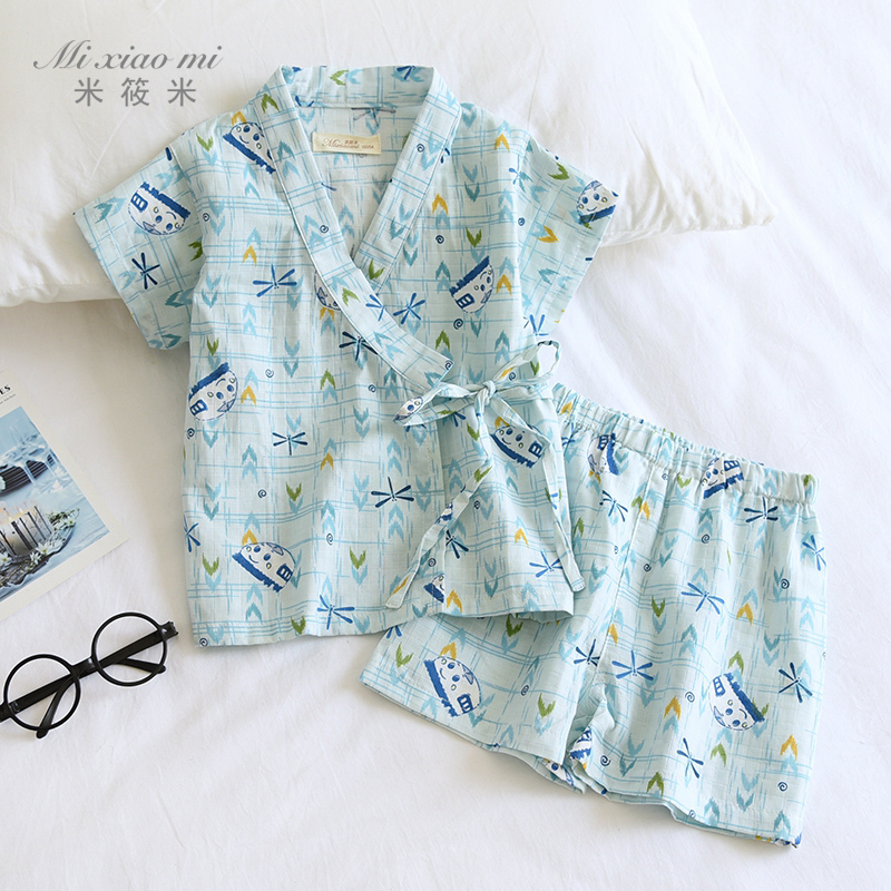 米筱米夏季薄款全棉双层纱布儿童短袖睡衣纯棉和服宝宝男童家居服