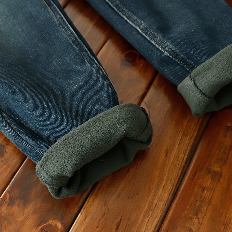 男童蓝色瘦版薄绒牛仔裤中大童冬洋气休闲裤子儿童修身牛仔小脚裤