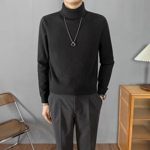 翻领打底针织衫 毛线衣冬季 男 休闲内搭男士 黑色高领毛衣男秋冬修身