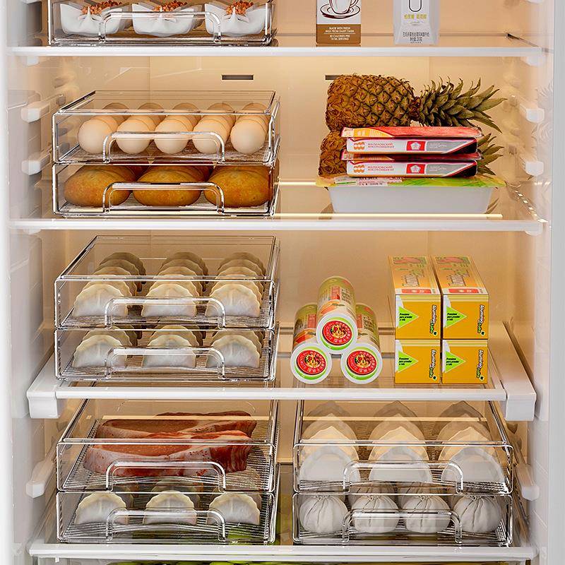 抽屉式冰箱收纳盒可叠加双层饺子盒抽拉式两层四层多层收纳整理