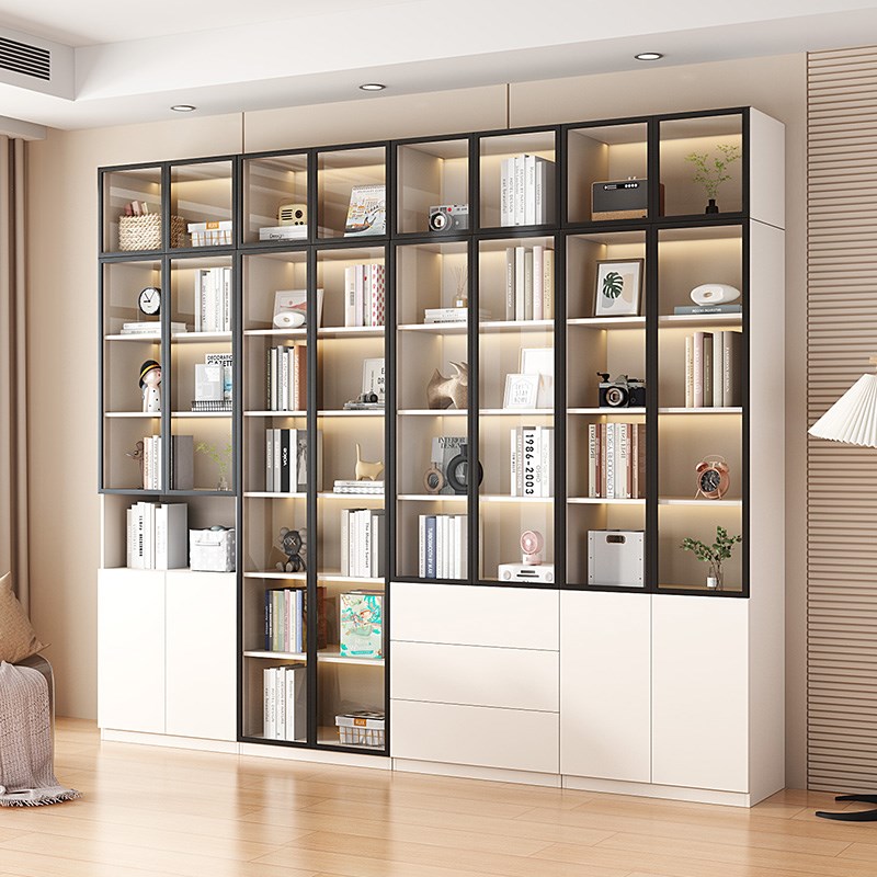 实木书柜轻奢玻璃门展示柜客厅落地简约家用防尘靠墙一体办公书架