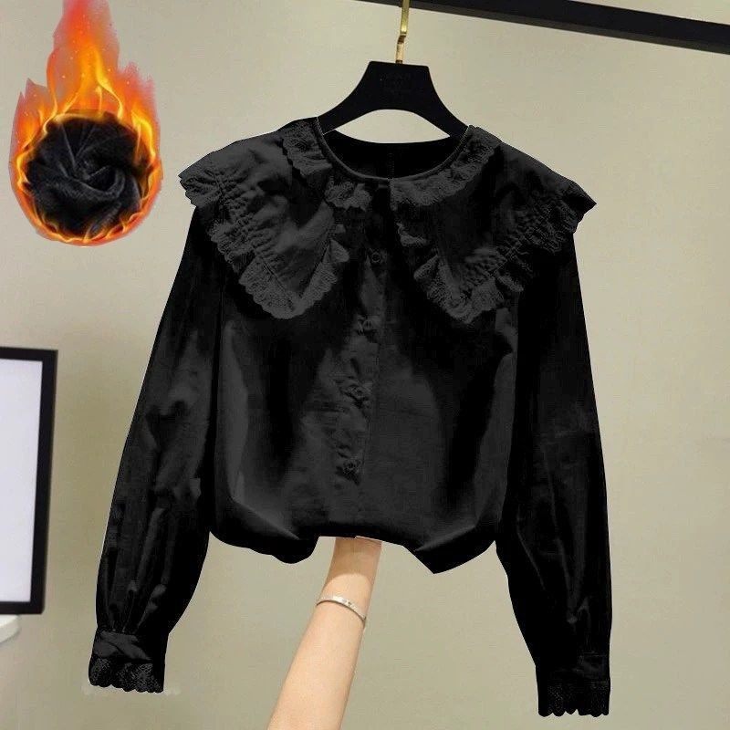 2021秋装新款拼接木耳边长袖黑色衬衫女宽松上衣大翻领娃娃衫衬衣,女装/女士精品,衬衫,淘宝优惠券,粉丝福利购,淘宝优惠卷