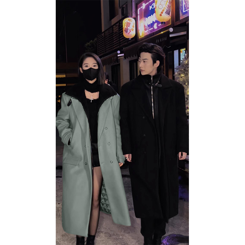 龙叨叨冬季新款高级感设计款假两件翻领立领毛呢大衣长版呢子外套
