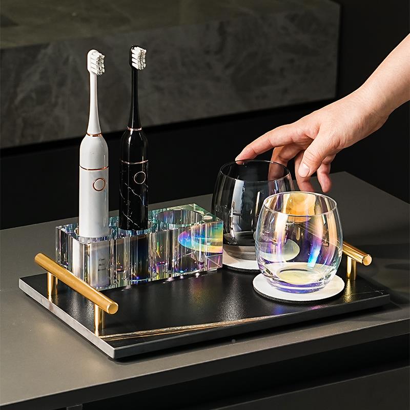 岩高级水晶刷置物架洗台手板轻奢金手柄托盘漱口杯牙牙具YBYSJ收