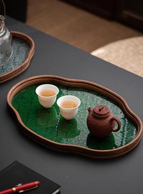 日式托海棠花玻璃茶盘复古竹制茶茶JX-1497约台简家用室水果点心