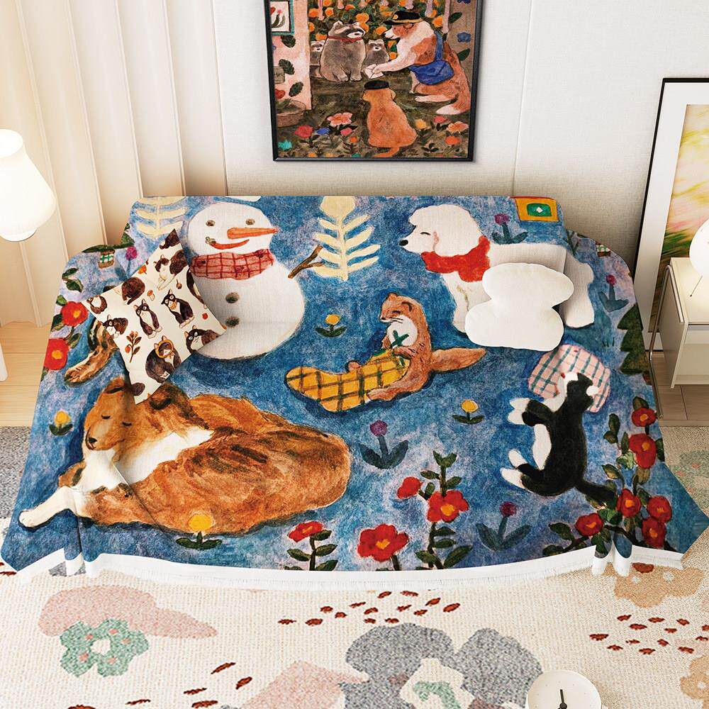 手绘可爱动物QNH沙发韩巾n防滑流苏沙发盖布 式i沙s发垫防尘罩隔