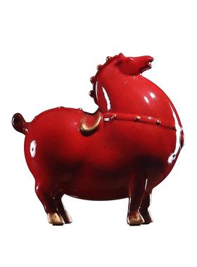 创饰意陶瓷复古唐马longqi-4摆件红马黑马客厅中酒店会桌式面玄关