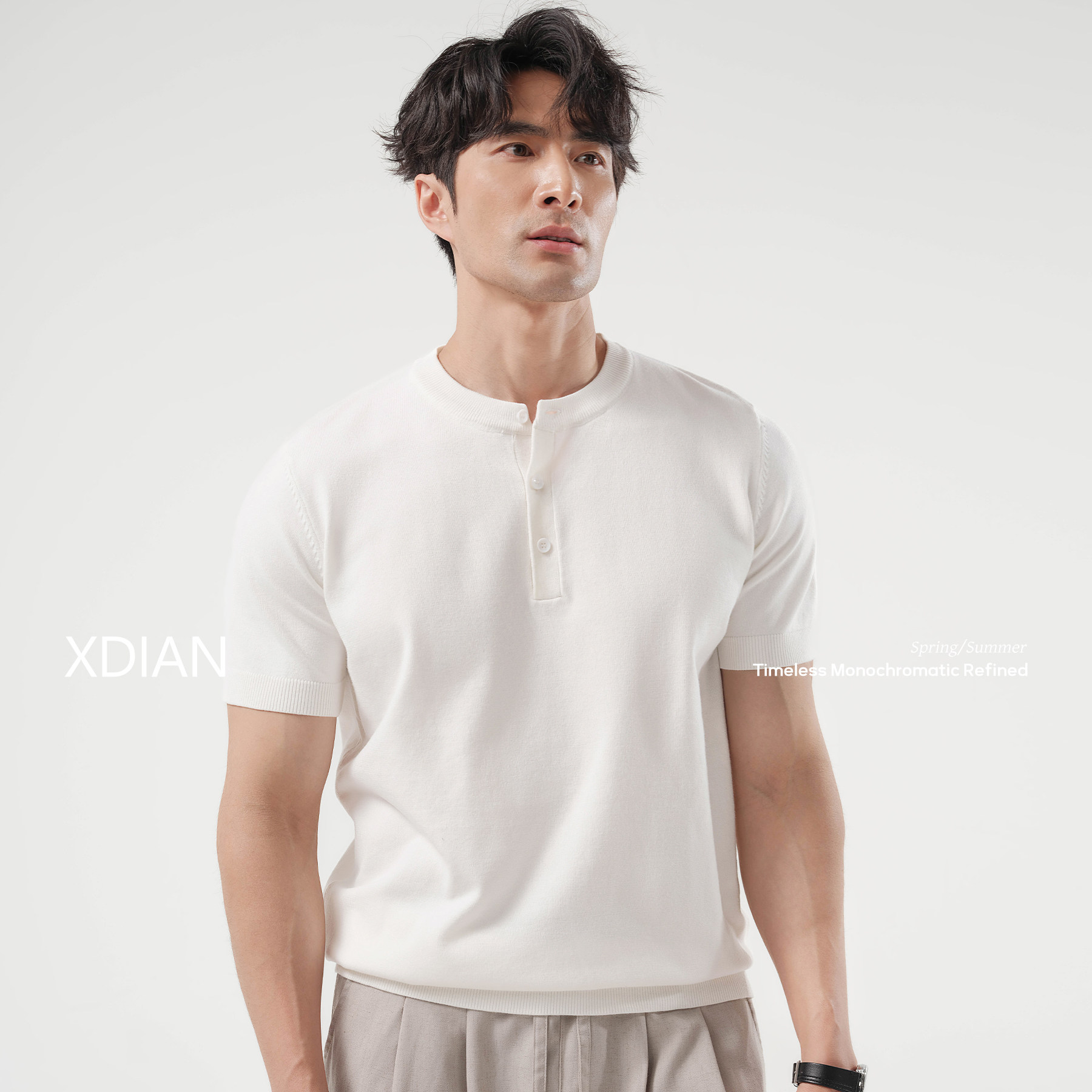 续点轻奢风亨利领针织衫男短袖透气弹力夏季白色桑蚕丝休闲上衣