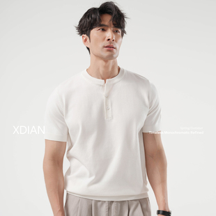 续点轻奢风亨利领针织衫男短袖透气弹力夏季白色桑蚕丝休闲上衣