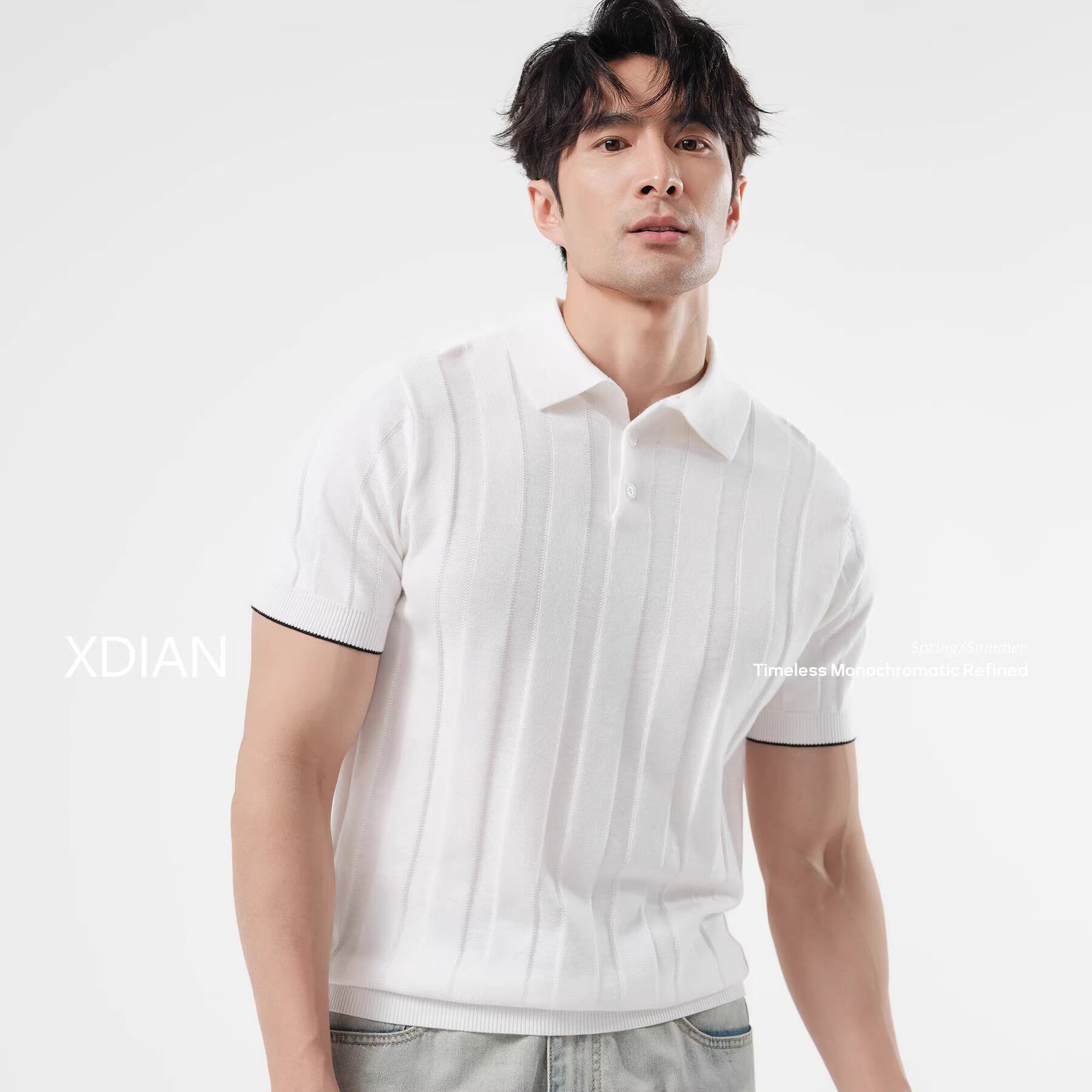 续点桑蚕丝针织衫短袖POLO领男士轻奢修身翻领撞色袖口上衣男夏季