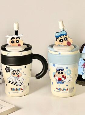 蓝色蜡笔小新大容量可爱吸管直饮两用保温杯女生办公室冰霸水杯子