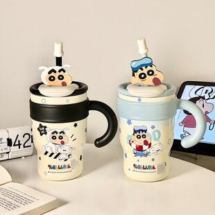 蓝色蜡笔小新大容量可爱吸管直饮两用保温杯女生办公室冰霸水杯子